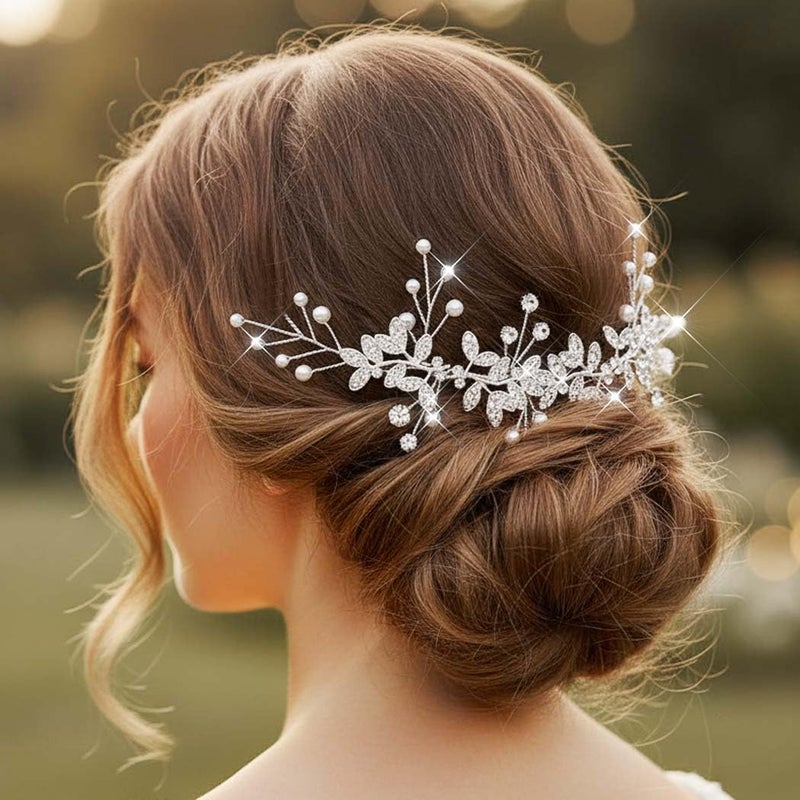 Unsutuo Bridal Crystal Headband Silver Rhinestone Hair Vine Pearls Wedding Hair Accessories for Women and Girls(Silver) - Image 4